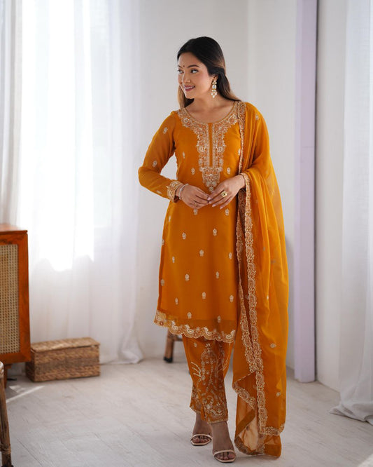 Front and Back Side Thread work Semi Stitch Salwar & Bottom With Dupatta Set