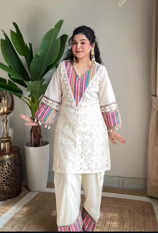 Pure Khadi Cotton With Schiffli Work And Thread Work With Farsi Pent Type Suit