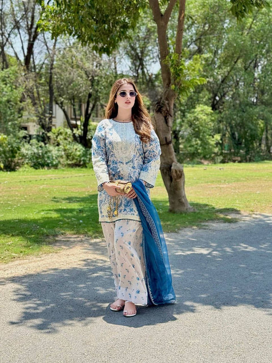 Pure Natural Crepe With Digital Print And Embroidery Work With Fancy Latkan Border With Four Side Fancy Readymade Lace Border Farshi Palazzo Dress