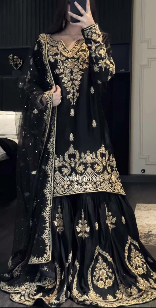 Heavy Natural Crepe And Heavy Embroidery Sequences Work With Latkan Dori & Lace Border Fancy Borders Work Sharara Palazzo Dress