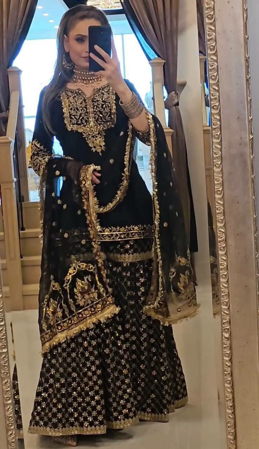 BALCK COLOR EMBROIDERY WORK FAUX GEORGETTE FABRIC SHARARA PLAZO DRESS