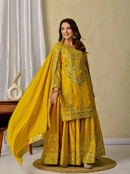 Heavy Chinon Silk Material With Sequence Embroidery Work And Fancy Lees Dupatta Type Sharara Palazzo Dress
