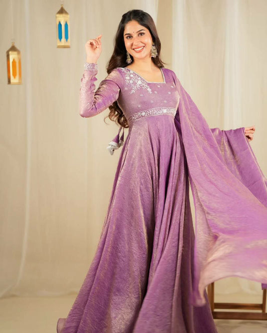 Ready To Wear Heavy Gold crush Silk Rivet Moti Work With Full Sleeves Gown