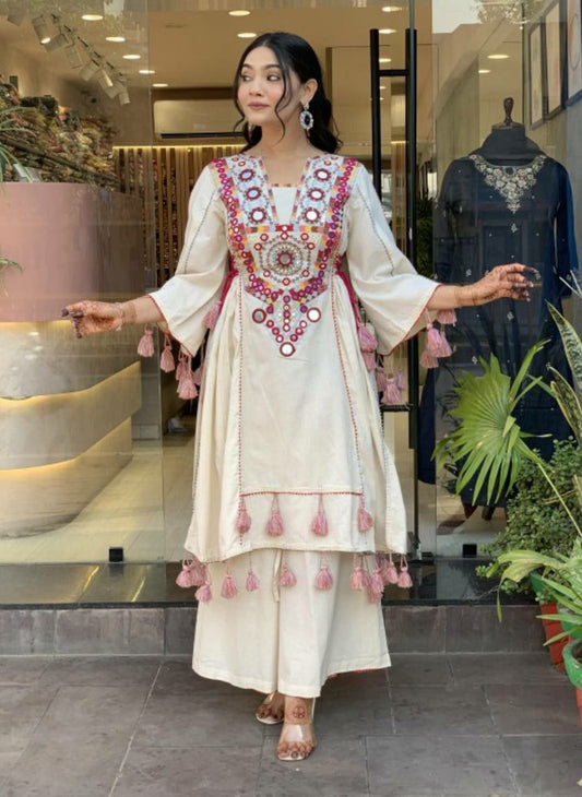 Pure Khadi Cotton With Embroidery Sequence Work And Real Mirror Work With Pocket Type Top & Palazzo Suit