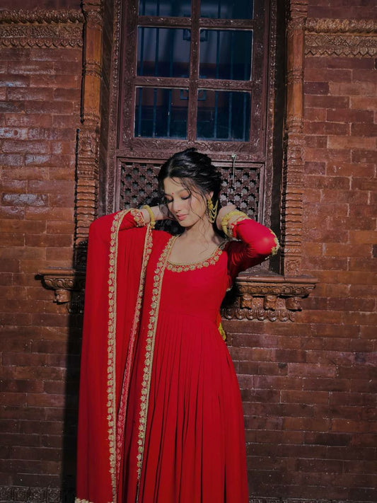 Heavy Faux Georgette With Embroidery Work And Full Fancy Neck With Elastic Palazzo Gown