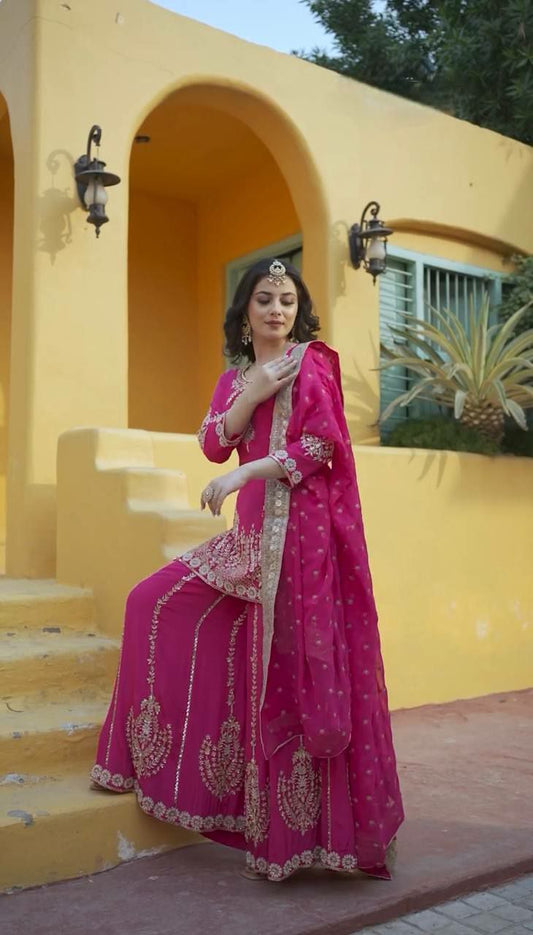 PURE CHINON SILK WITH ATTRACTIVE AND BEUTYFUL EMBROIDERY SEQUENCE WORK SHARARA KURTI