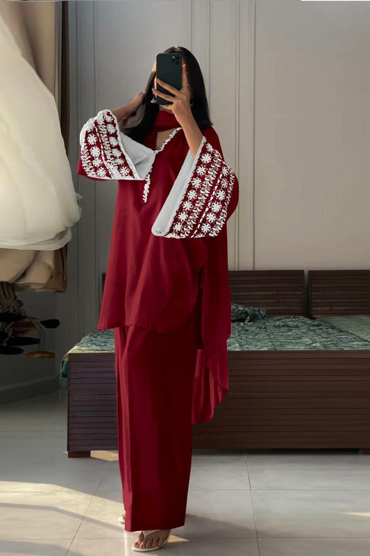 Natural Satin And Embroidery Work With Elastic With Can-Vas Patto And Lace Border Palazzo Dress