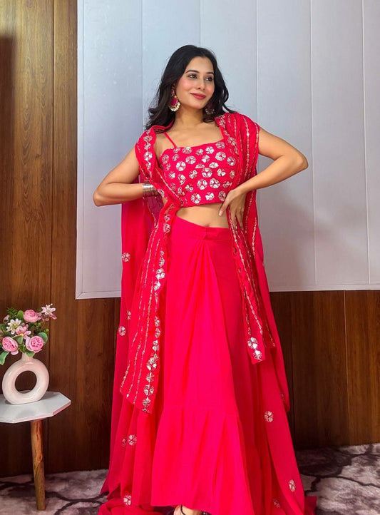 Georgette With Sequins , Zari & Paper Work Koti With Banglori Satin Blouse Type Skirt , Koti & Blouse