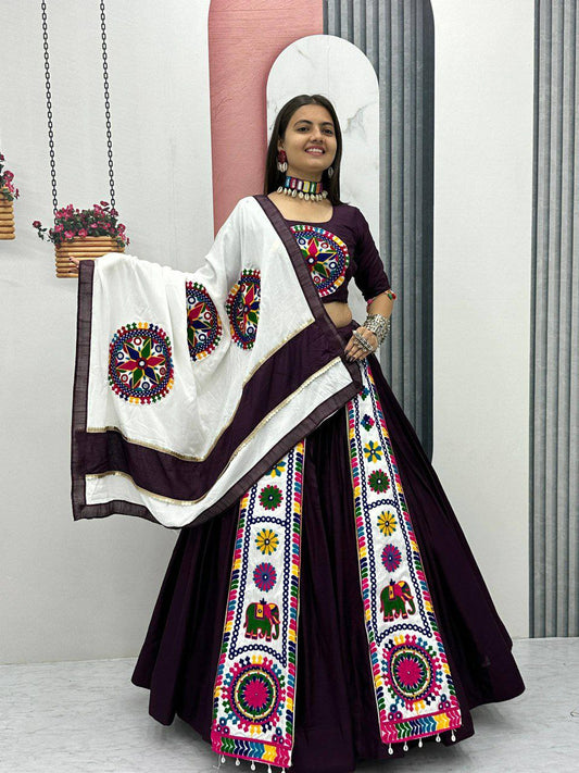 Pure Cotton With Heavy Gamathi Work With Side Lace Border Dupatta Type Lehenga Choli