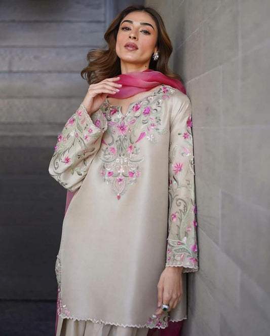 FRENCH CRAPE WITH EMBROIDERY WORK AND PRINTED SOFT ORGANZA WITH LACE AND LATKAN SALWAAR SUIT