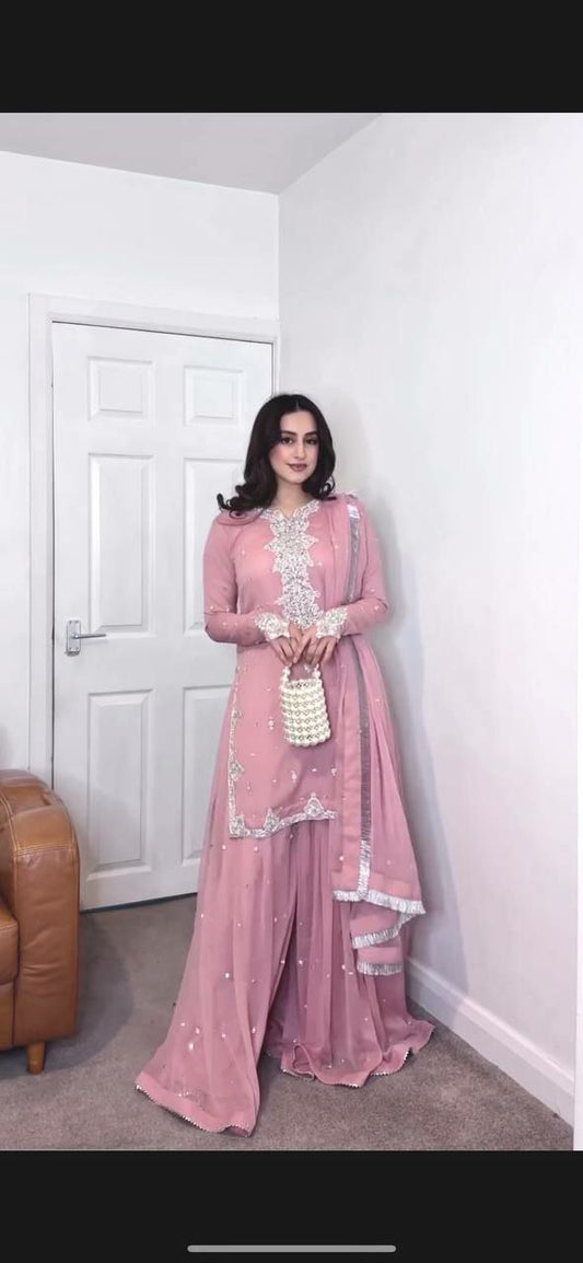 HEAVY FAUX GEORGETTE WITH ATTRACTIVE & BEUTYFUL EMBROIDERY SEQUENCE WORK KURTI PALAZZO DRESS