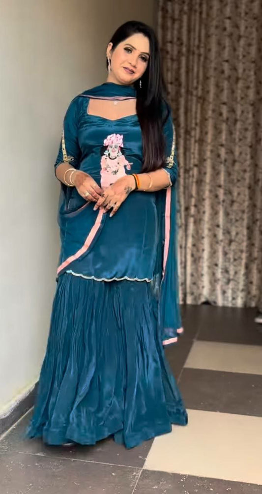 Natural Crepe With Heavy Micro Cotton And Heavy Embroidery Work With Fancy Borders Less Work Sleeve With Fancy Latkan Dori Sharara Palazzo Dress