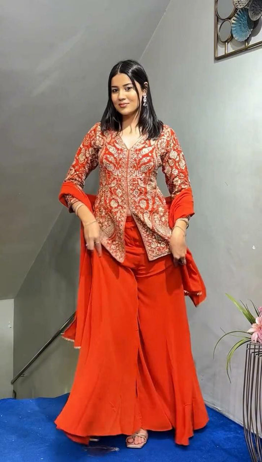 Heavy Faux Georgette And Heavy Embroidery Sequence Work With Elastic And Four Side Readymade Lace Border Top & Palazzo Dress