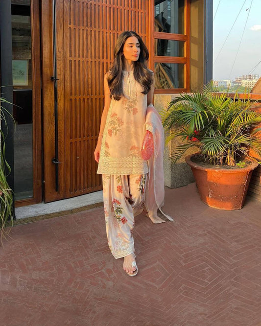 Pure Sifon Georgette With Digital Print With Heavy Embroidery Work With Elastic Farshi Palazzo Dress