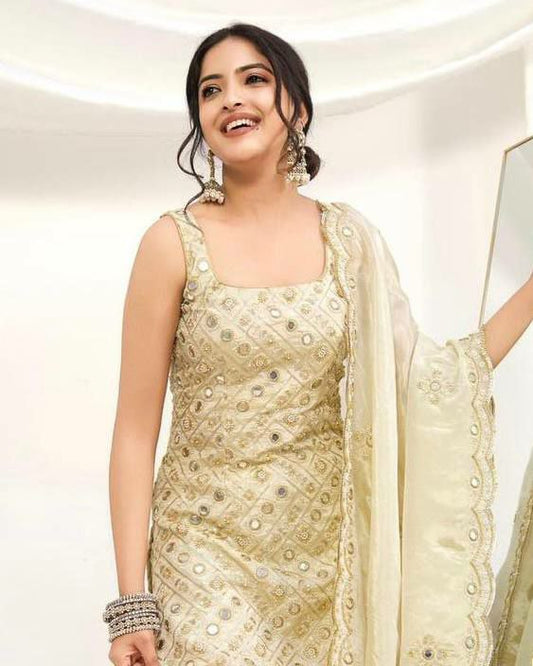 Natural Crape With Embroidery Sequence Work And Square Neck Type Palazzo Dress