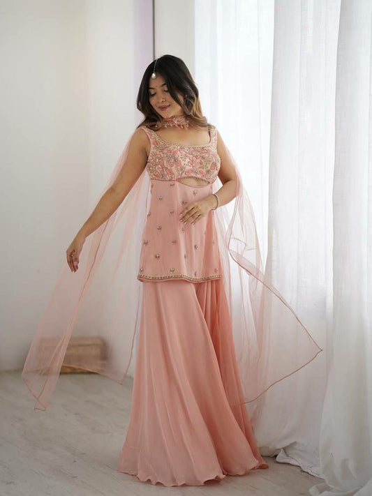 GEORGETTE WITH SEQUENCE EMBROIDERY WORK AND SILVER LATKAN LACE WITH BUTTERFLY NET DUPATTA TYPE PALAZZO DRESS