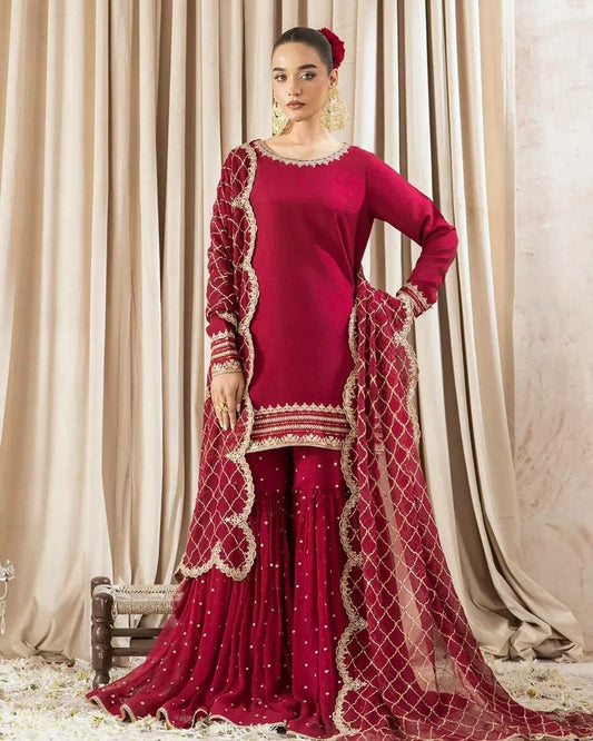 Heavy Faux Georgette And Heavy Micro Cotton With Embroidery Sequence Work Top & Gharara Dress