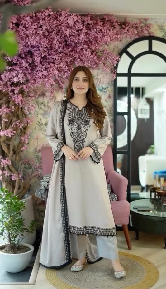 Heavy Faux Georgette With Embroidery Work And Fancy Sleeves With Fancy Latkan Border Bottom Suit