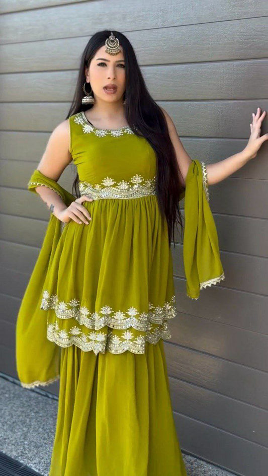 Faux Georgette And Thread With Sequence With Elastic And Four Side Lace Border Top & Palazzo