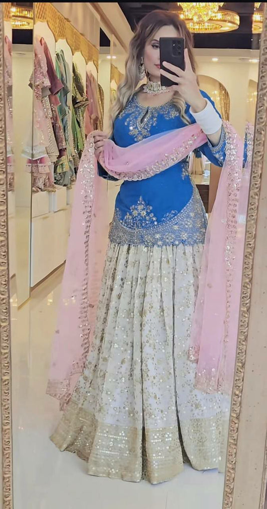 Heavy Chinon Silk With Sequence Embroidery Work & Heavy Butterfly Net Material Dupatta Type Top & Lehenga