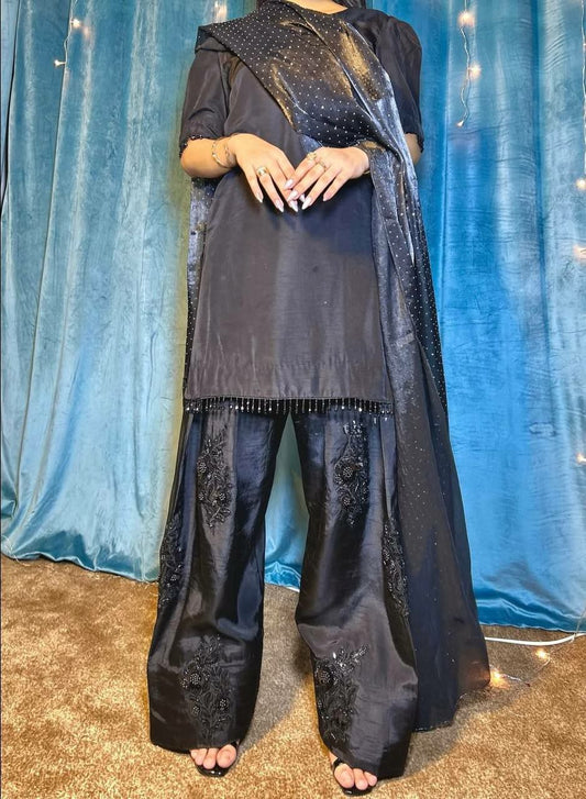 HEAVY NATURAL SILK WITH EMBROIDERED SEQUENCE WORK AND FANCY LESS BODAR FARSHI PALAZZO DRESS