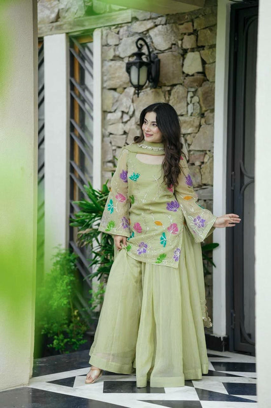 Heavy Star Georgette With Micro Cotton And Heavy Embroidery Sequins & Codding With Multi Colours Floral Work Sharara Dress