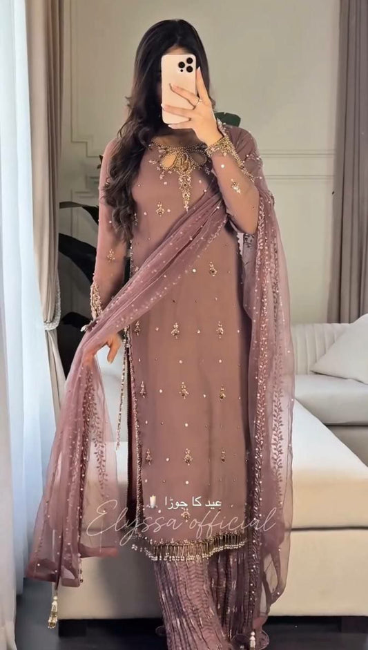 Heavy Faux Georgette And Heavy Embroidery Sequence Work With Crease And Lace Border With Elastic Palazzo Dress