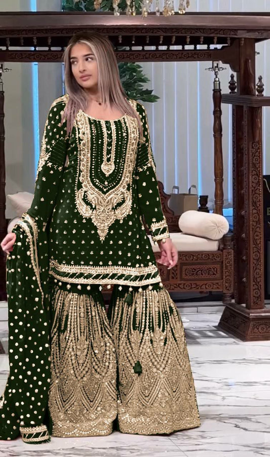 Heavy Faux Georgette With Embroidery Sequence Work And Fancy Latkan Border With Four Side Readymade Lace Border Dupatta Type Palazzo Dress