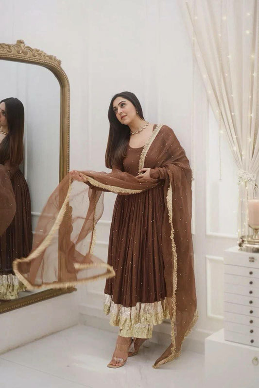Heavy Faux Georgette With Moti Work And Lace Border Dupatta With Elastic Bottom Gown