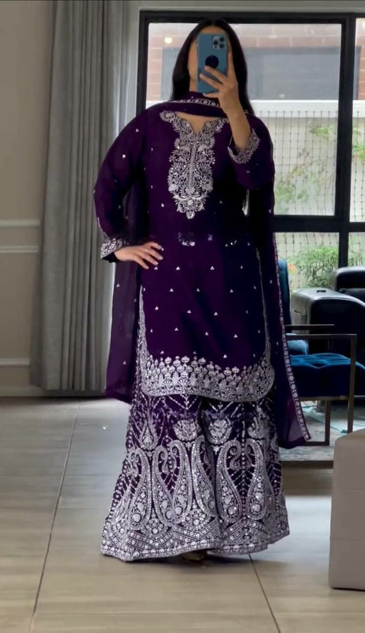 Heavy Chinon Silk With Heavy Embroidery Work & Fancy Latkan Dori With Fancy Borders Less Work Palazzo Dress