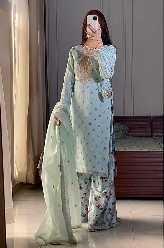 HEAVY FUAX GEORGEET AND EMBROIDERY SEQUENCES WORK FANCY DIGITAL PRINT WITH LACE BODAR PALAZZO DRESS