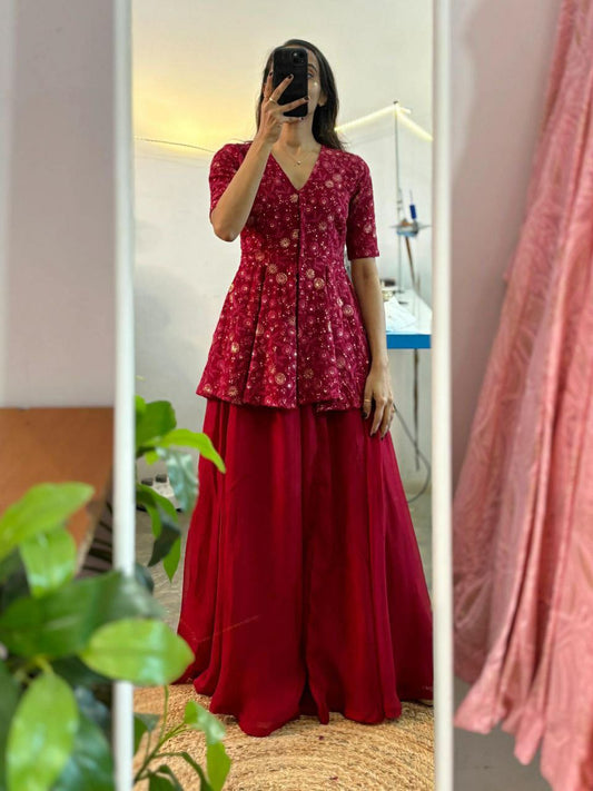 Pure Georgette And Blazer Style Embroidery Sequins Work Fully Stitched Palazzo