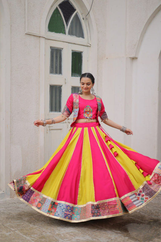 Roman With Attractive Maslin Crochet Print & Gotta Lace Embellished Work With Dori Latkan Lehenga Choli