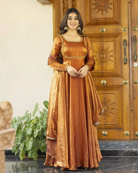 Fendi Silk And Micro Inner With Thread & Sequence Work And Four Side Lace Border Work Dupatta Type Gown