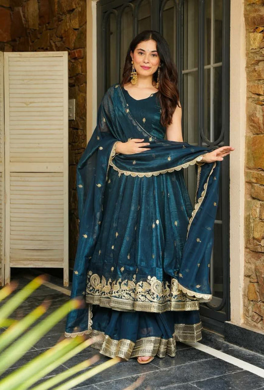 Heavy Crunchy Silk With Heavy Micro Cotton And Heavy Embroidery Sequence Work With Fully Flair Bottom Gown