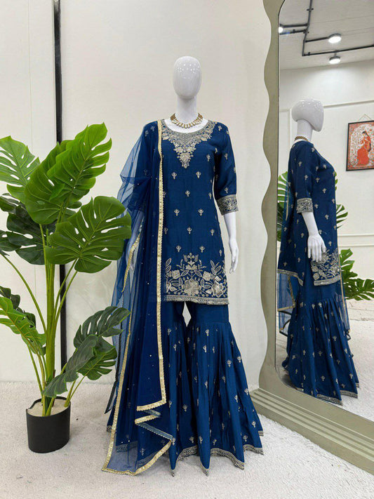 Heavy Cinnon With Inner And Thread & Sequence Work With Pearl Work With Fancy Lace Dupatta Type Sharara Suit