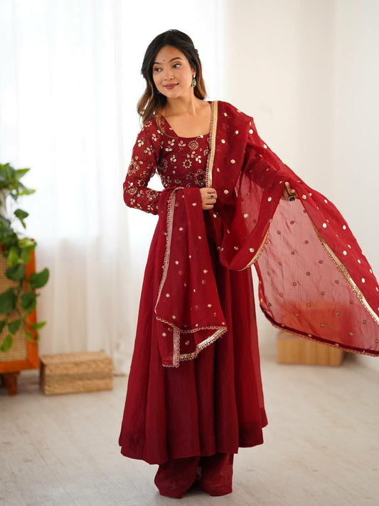 Crunchy Silk And Embroidery Work With Lace Border With Fully Flair Bottom Gown