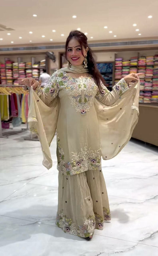 Natural Crepe Material With Embroidery Thread Work And Fancy Less Work Dupatta Type Sharara Palazzo Dress