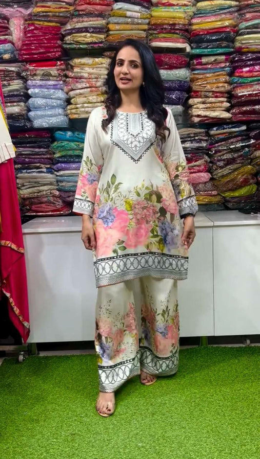 Pure Italian Chinon Silk With Fancy Floral Digital Print Work With Elastic Palazzo Suit