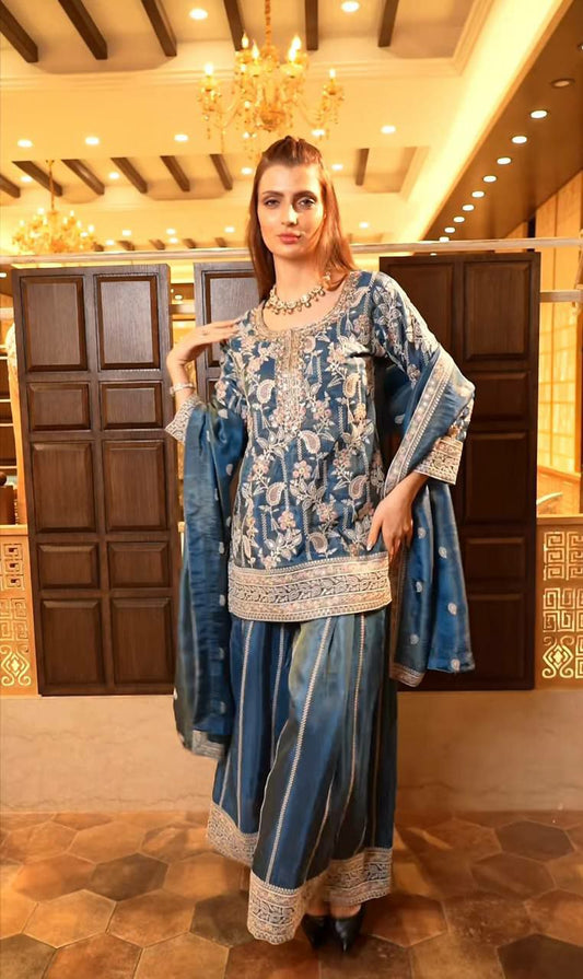 Heavy Chinon Silk With Heavy Embroidery Coding Sequence Work & Four Side Lace Border Palazzo Dress