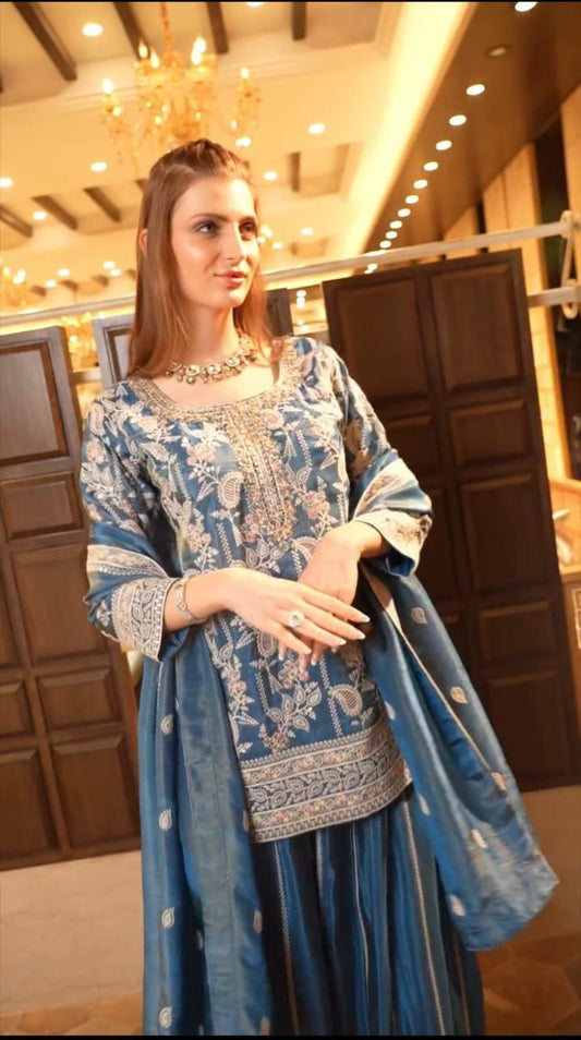 Heavy Chinon Silk With Heavy Embroidery Coding Sequence Work & Four Side Lace Border Palazzo Dress