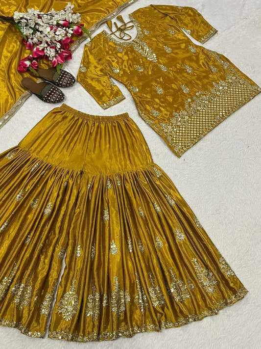 Heavy Chinon Silk Material & Micro Cotton Inner With Sequence Embroidery Work And Fancy Lees Dupatta Type Sharara Palazzo Dress