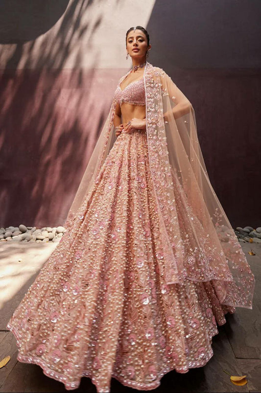 Georgette With Thread , Dori , Sequins & Pearl Beads Work With Tassels Border Blouse Type Lehenga Choli