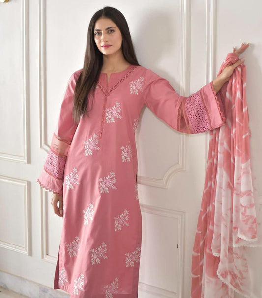 ROMAN SILK AND EMBROIDERY WORK PRINTED SILVER CHIFFON WITH GPO LACE ON PALLU SIDES TYPE DRESS