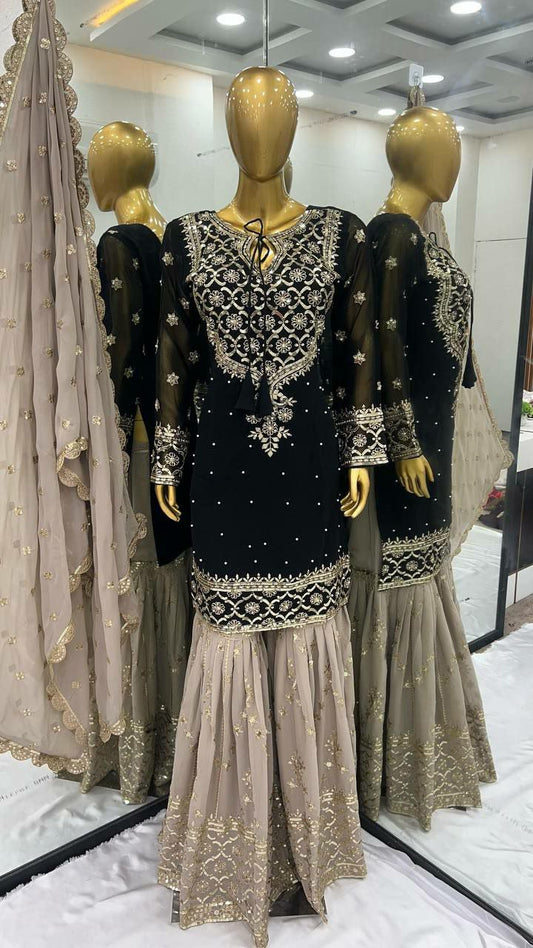READY TO WEAR HEAVY FAUX GEORGETTE WITH SHARARA PLAZO SET