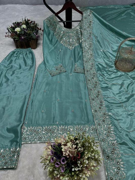 PURE CHINON  SILK THREAD AND SEQUENCE WORK KURTI & PENT WITH DUPATTA SET