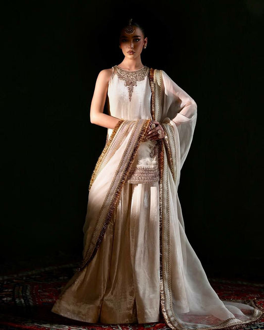 HEAVY FRANCH CRAPE AND EMBROIDERED CODING SEQUENCE WORK LESS BODER WITH CAN-VAS PATTA PALAZZO DRESS