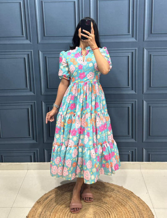 This Dress made from muslin cotton fabric with Print Work and stylish 3 Layer Pattern