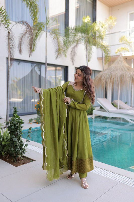 Mul chanderi  with Rich Mirror Lace work Fancy V Neck  Standard Stitching with Kali pattern in flair