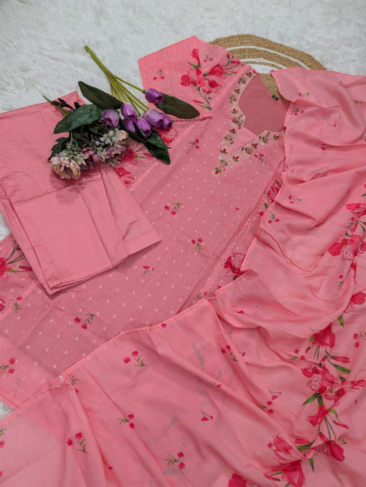 PURE VISCOSE CHANDERI JACQUARD BUTTI WITH HEAVY SEQUENCE EMBROIDERY WORK HEAVY CHANDERI PRINTED DUPPATA